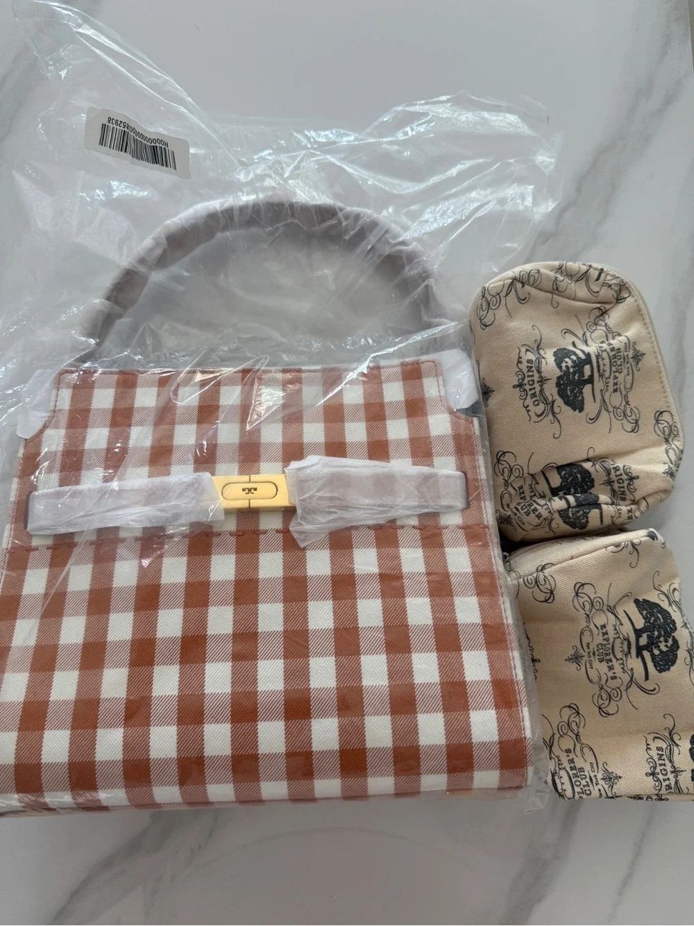 Tory Burch Brown and White Gingham Top-Handle Shoulder Bag